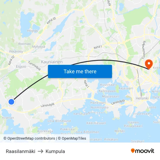 Raasilanmäki to Kumpula map