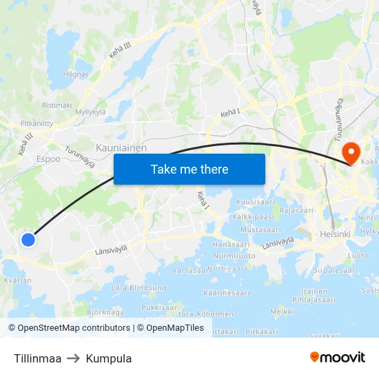 Tillinmaa to Kumpula map