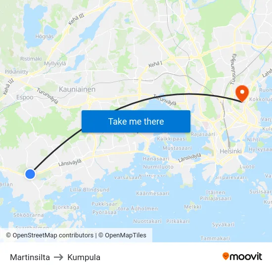 Martinsilta to Kumpula map