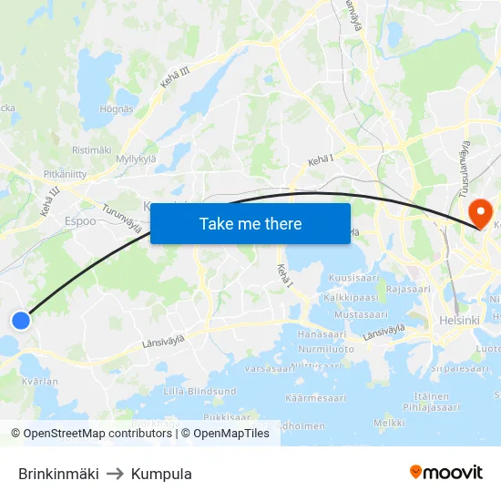 Brinkinmäki to Kumpula map