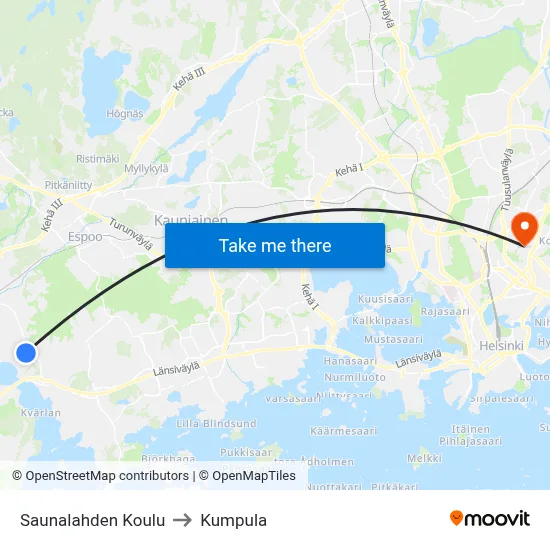 Saunalahti School to Kumpula map