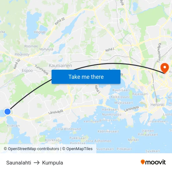 Saunalahti to Kumpula map