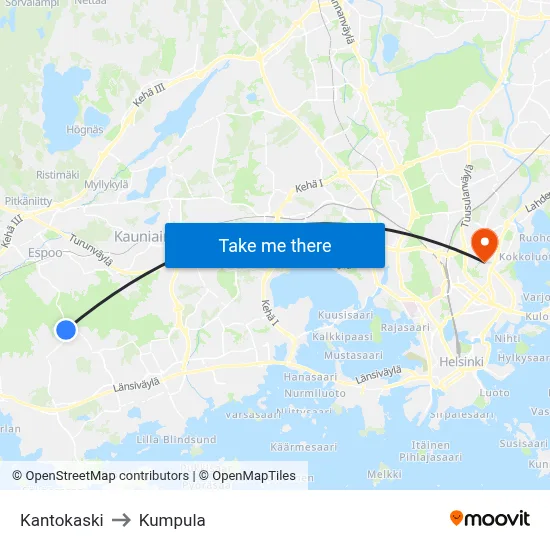 Kantokaski to Kumpula map