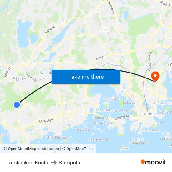 Latokaski School to Kumpula map