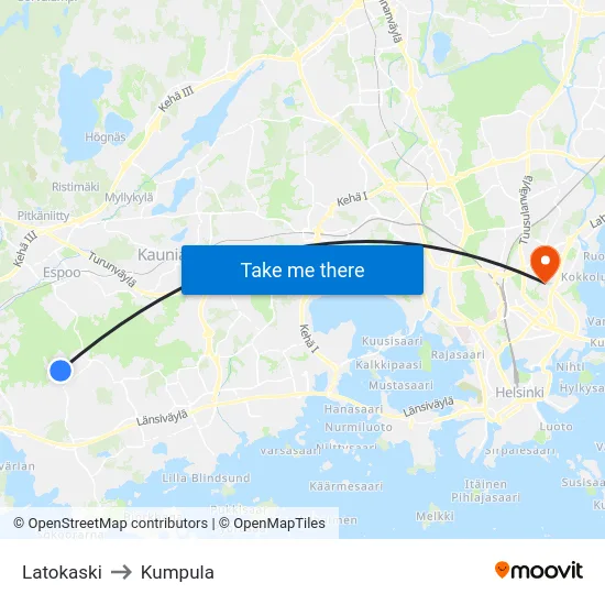 Latokaski to Kumpula map
