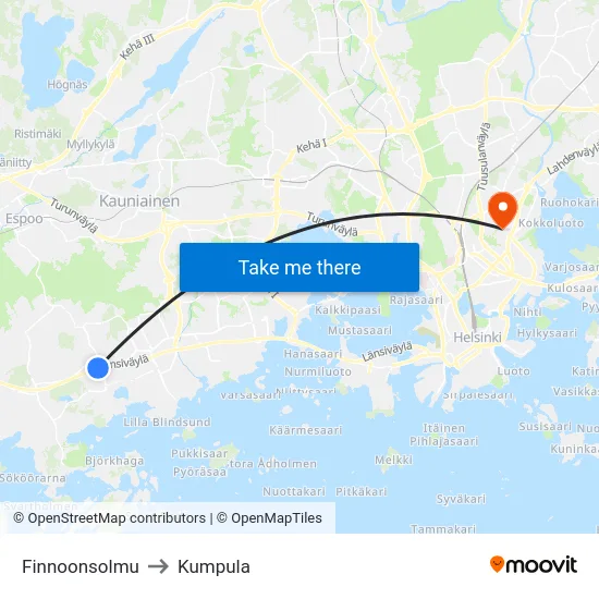 Finnoonsolmu to Kumpula map