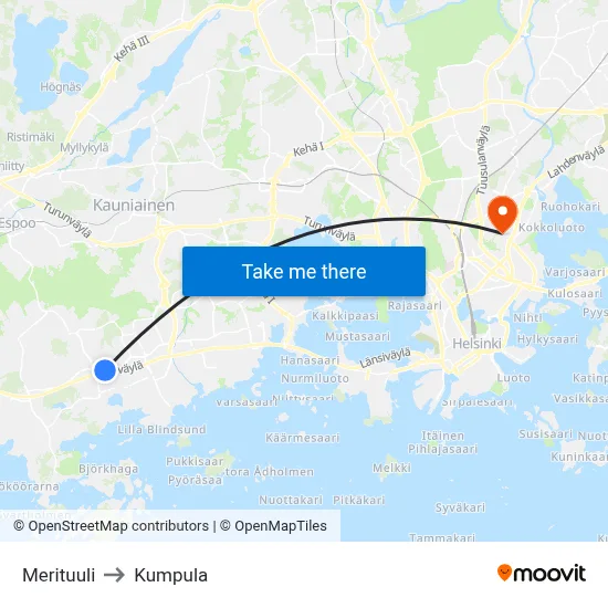 Merituuli to Kumpula map