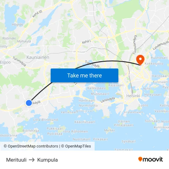 Merituuli to Kumpula map