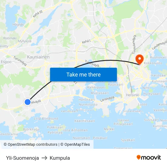Upper Suomenoja to Kumpula map