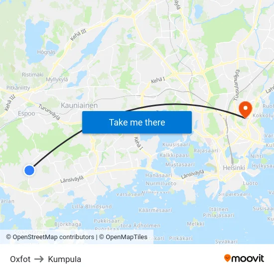 Oxfot to Kumpula map