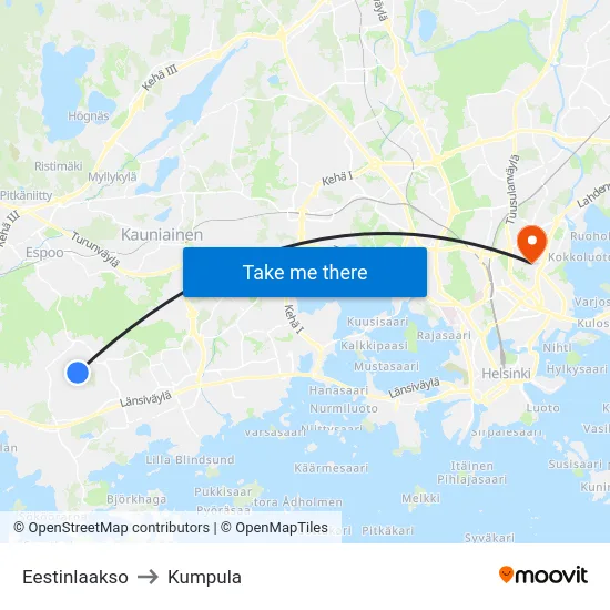 Eestinlaakso to Kumpula map
