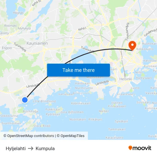Hyljelahti to Kumpula map