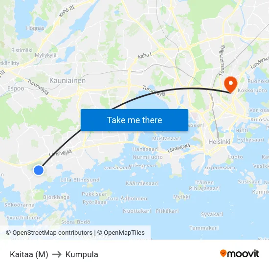 Kaitaa (M) to Kumpula map