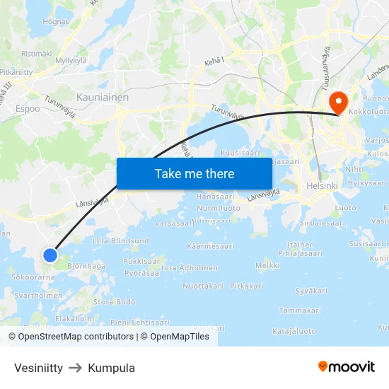 Vesiniitty to Kumpula map