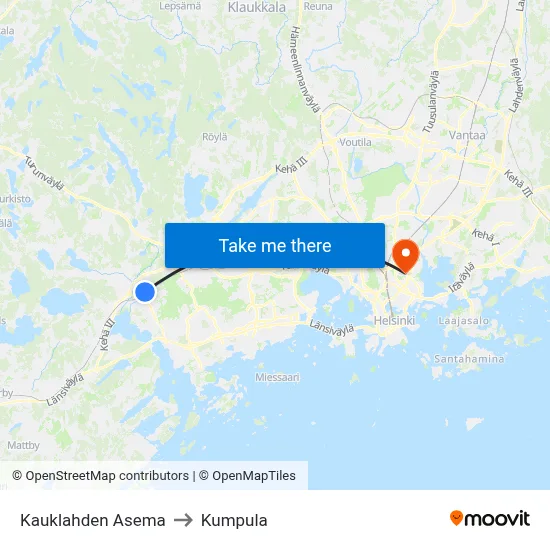 Kauklahti Station to Kumpula map