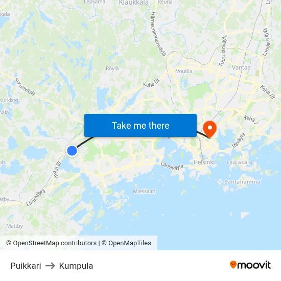 Puikkari to Kumpula map