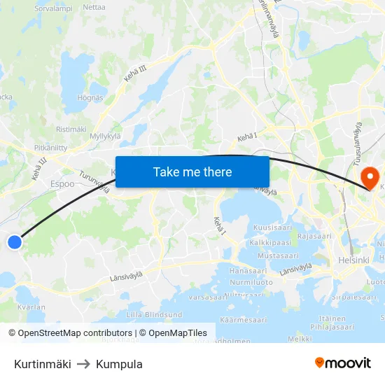 Kurtinmaki to Kumpula map