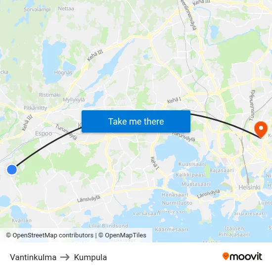 Vantti Corner to Kumpula map