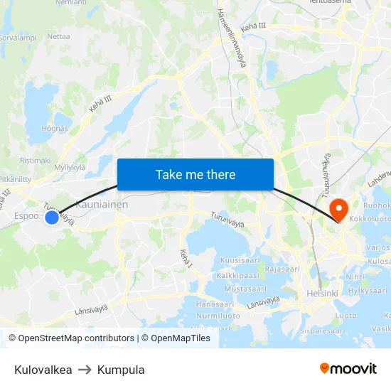 Kulovalkea to Kumpula map