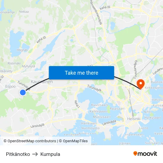 Pitkanotko to Kumpula map
