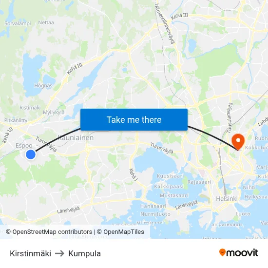 Kirsti Hill to Kumpula map