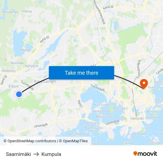 Ash Hill to Kumpula map