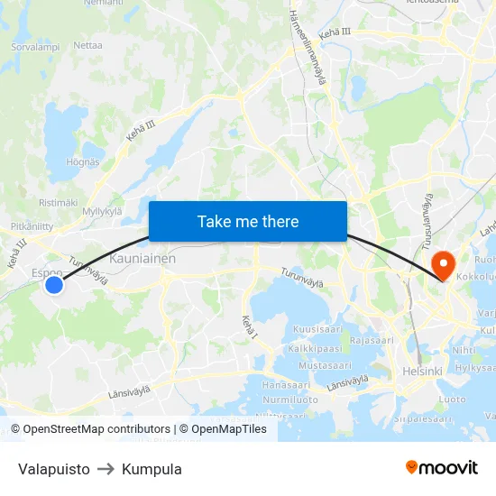Valley Park to Kumpula map