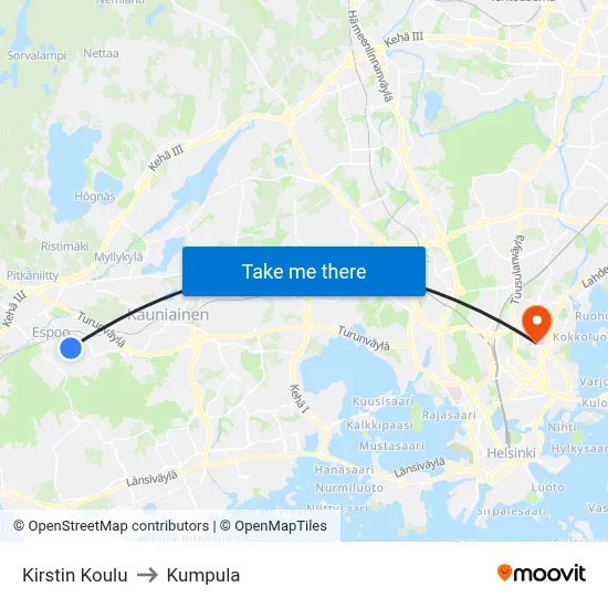 Kirsti School to Kumpula map