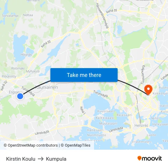 Kirsti School to Kumpula map