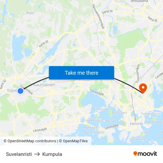 Suvela Cross to Kumpula map