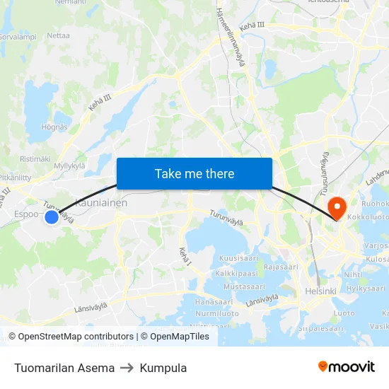 Tuomarilan Asema to Kumpula map