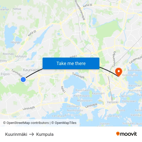 Kuurinmäki to Kumpula map