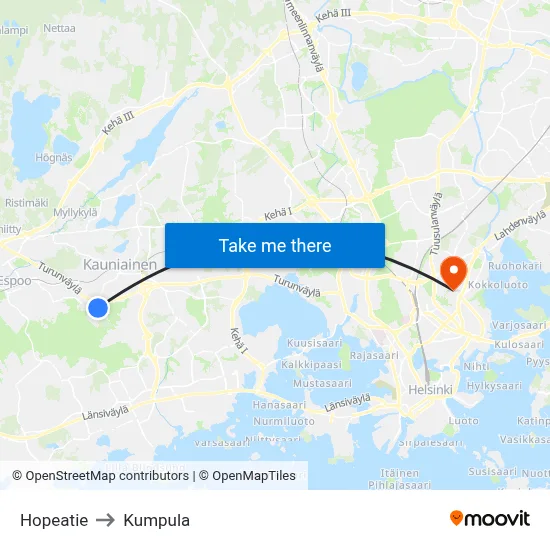 Hopeatie to Kumpula map
