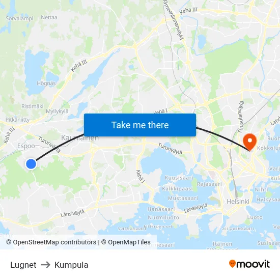 Lugnet to Kumpula map