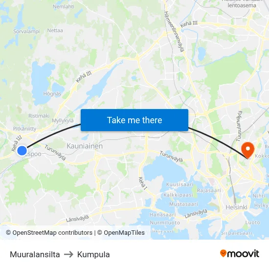 Muurala Bridge to Kumpula map