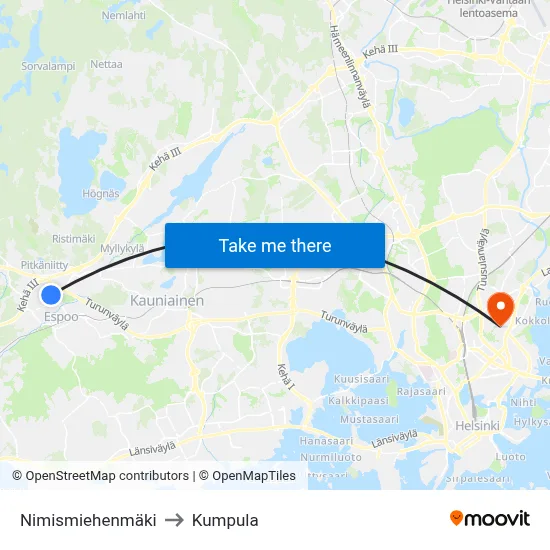 Nimismiehenmäki to Kumpula map