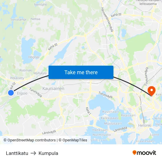 Coin Street to Kumpula map