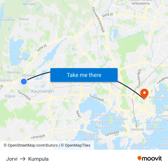 Jorvi to Kumpula map
