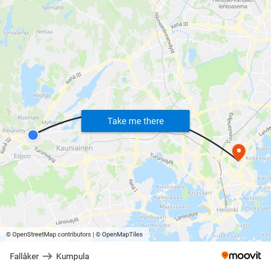 Fallåker to Kumpula map