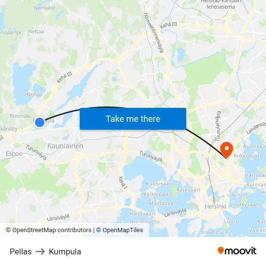 Pellas to Kumpula map