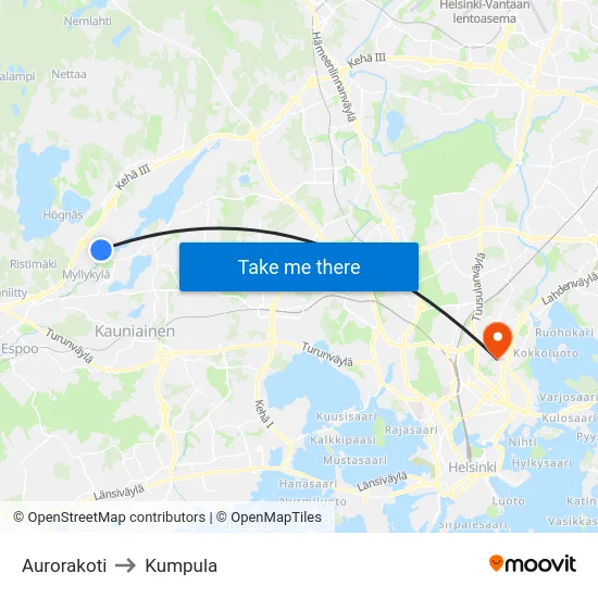 Aurorakoti to Kumpula map