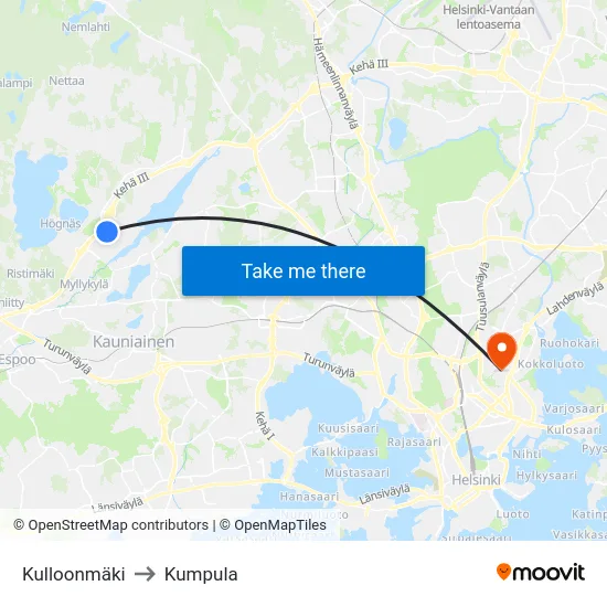 Kulloonmäki to Kumpula map