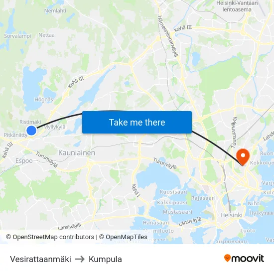 Vesirattaanmäki to Kumpula map