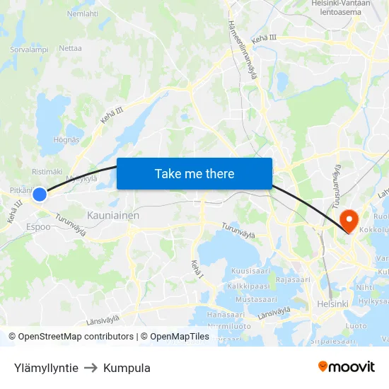Ylämyllyntie to Kumpula map