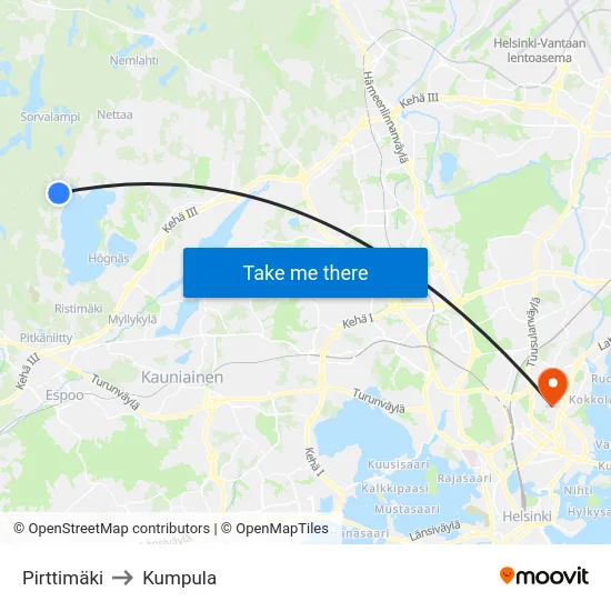 Pirttimäki to Kumpula map