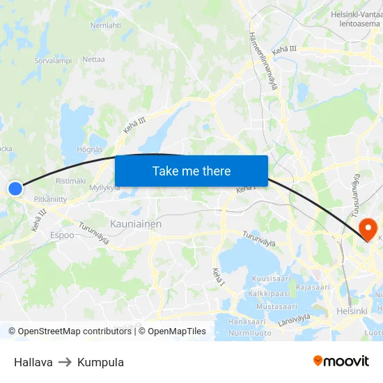 Hallava to Kumpula map