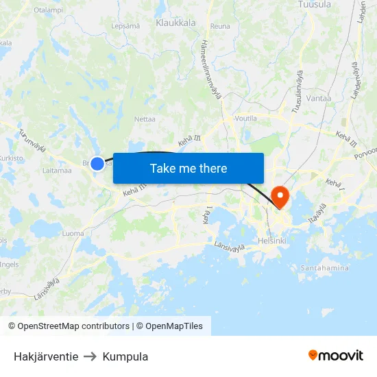 Hakjärventie to Kumpula map