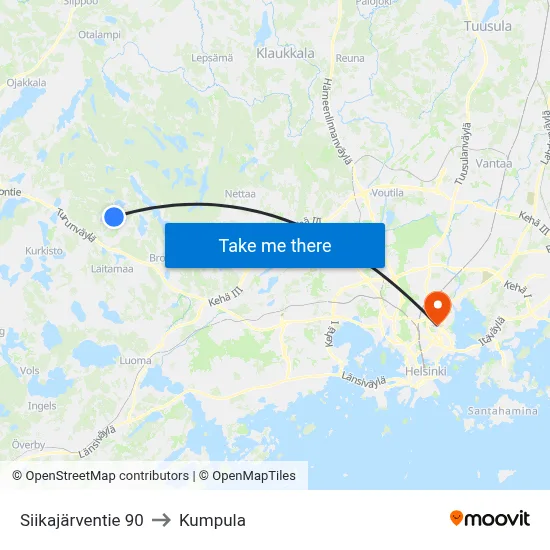 Siikajarventie 90 to Kumpula map