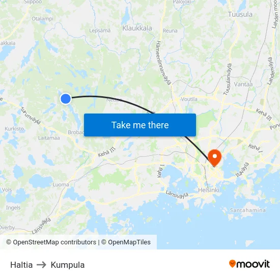 Haltia to Kumpula map