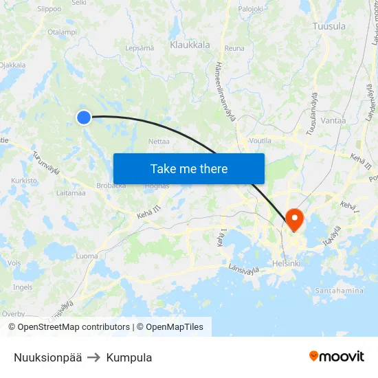 Nuuksionpää to Kumpula map